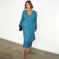 NEVER FULLY DRESSED Reversible Teal Animal Wrap Dress