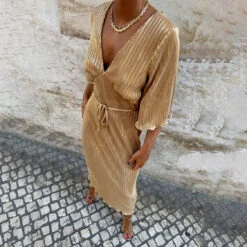 NEVER FULLY DRESSED Gold Plisse Dress
