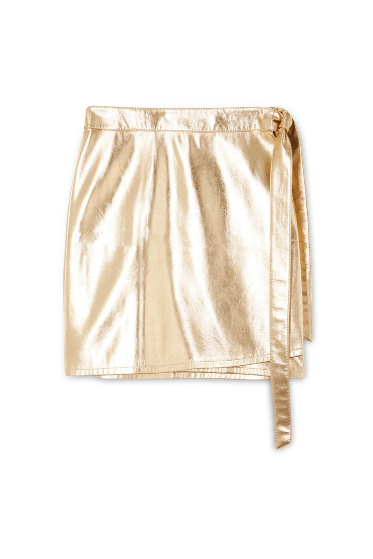 NEVER FULLY DRESSED Gold Vegan Leather Mini Wrap Skirt - Image 15
