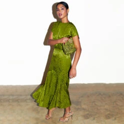 NEVER FULLY DRESSED Green Jacquard Midi Erin Dress