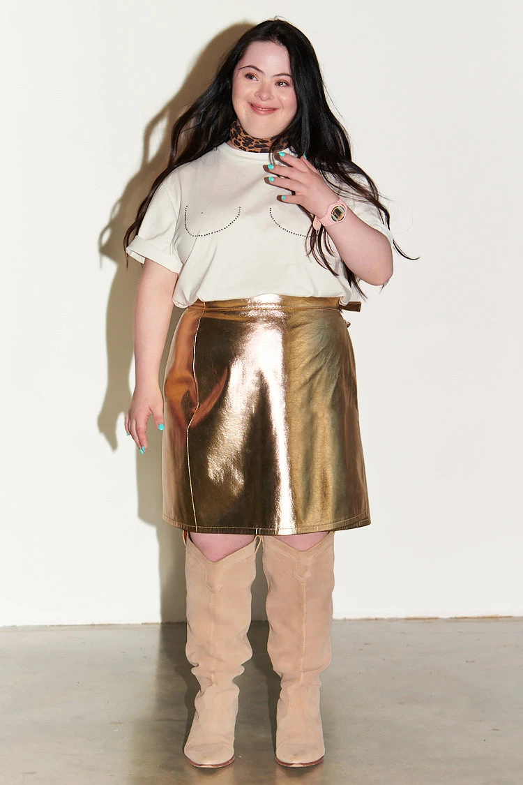 NEVER FULLY DRESSED Gold Vegan Leather Mini Wrap Skirt - Image 4