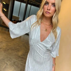 NEVER FULLY DRESSED Silver Plisse Midi Dress