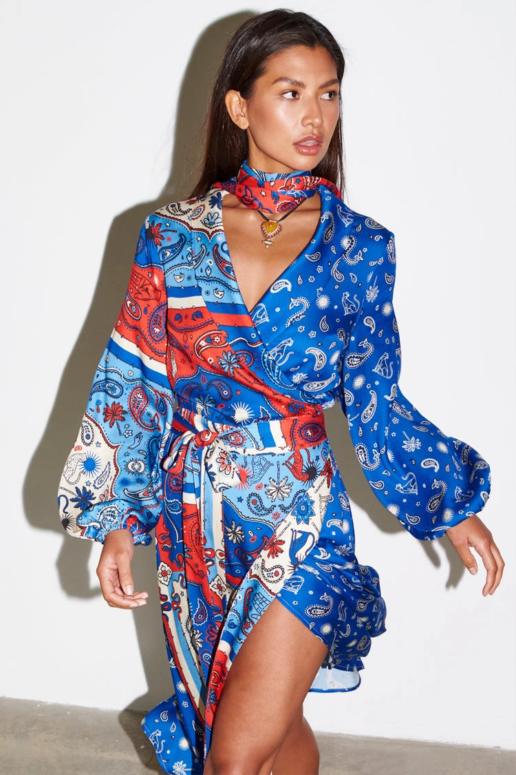 NEVER FULLY DRESSED Blue Bandana Clash Brooklyn Wrap Dress - Image 4