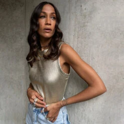 NEVER FULLY DRESSED Gold Ribbed Tank Top