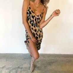 NEVER FULLY DRESSED Brown Leopard Camille Slip Dress