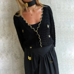NEVER FULLY DRESSED Black Pointelle Knit Cardigan With Gold Fish