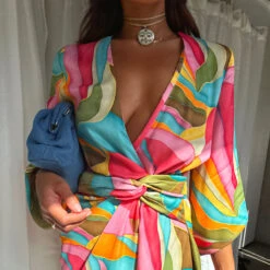 NEVER FULLY DRESSED Multi Abstract Mini Vienna Wrap Dress