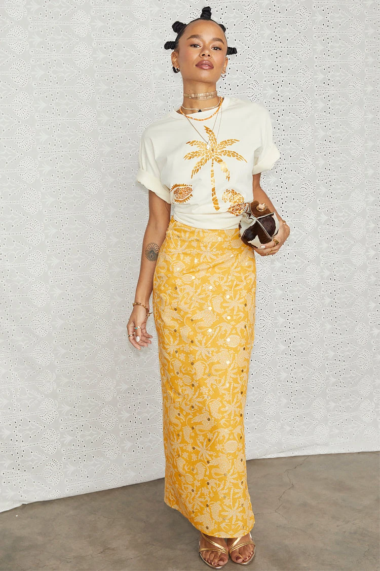 NEVER FULLY DRESSED Yellow Cotton Linen Mosaic Jaspre Skirt - Image 3