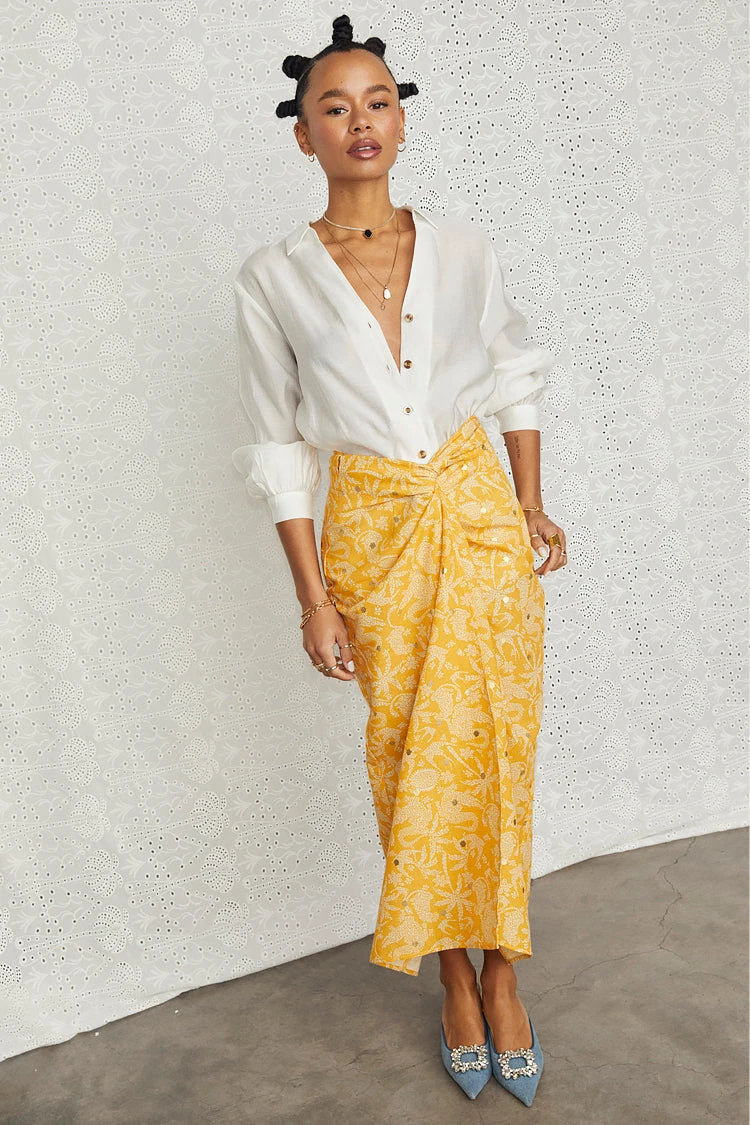 NEVER FULLY DRESSED Yellow Cotton Linen Mosaic Jaspre Skirt - Image 5