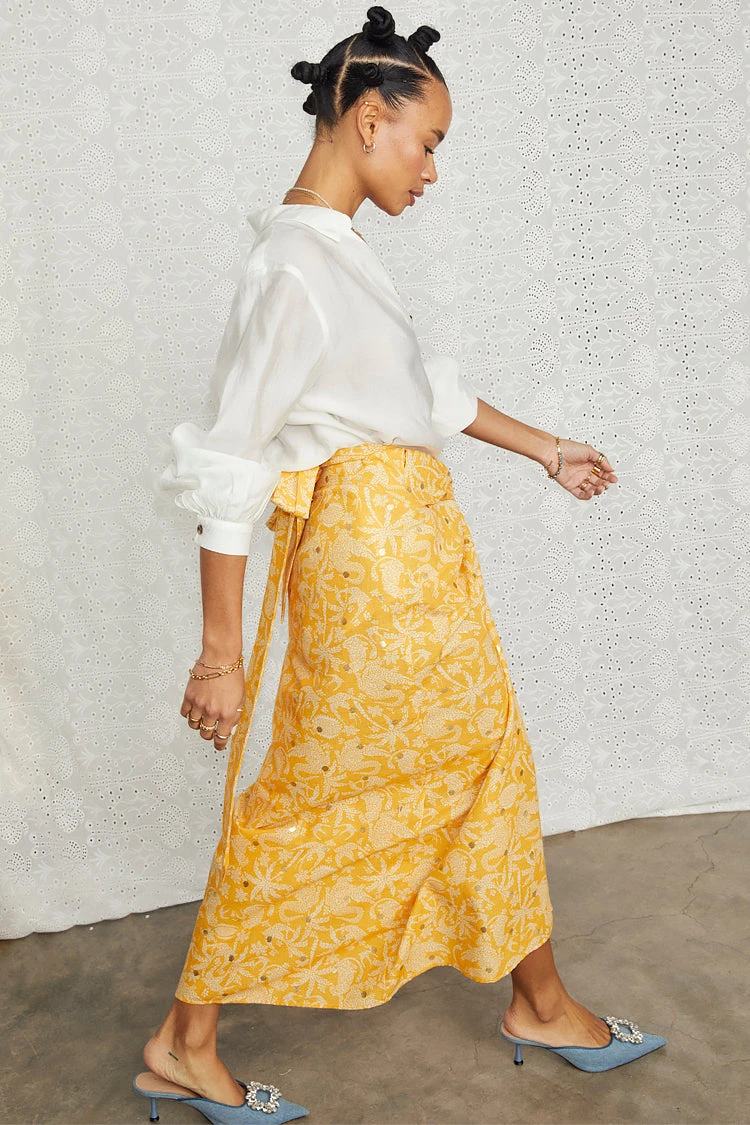 NEVER FULLY DRESSED Yellow Cotton Linen Mosaic Jaspre Skirt - Image 6