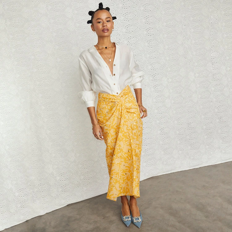 NEVER FULLY DRESSED Yellow Cotton Linen Mosaic Jaspre Skirt