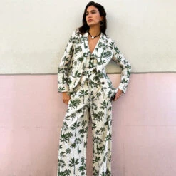 NEVER FULLY DRESSED Green Palm Linen Rhea Trousers