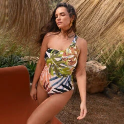 NEVER FULLY DRESSED Palm Leaf One Shoulder Swimsuit