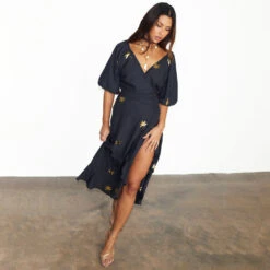 NEVER FULLY DRESSED Black Palm Camilla Wrap Dress